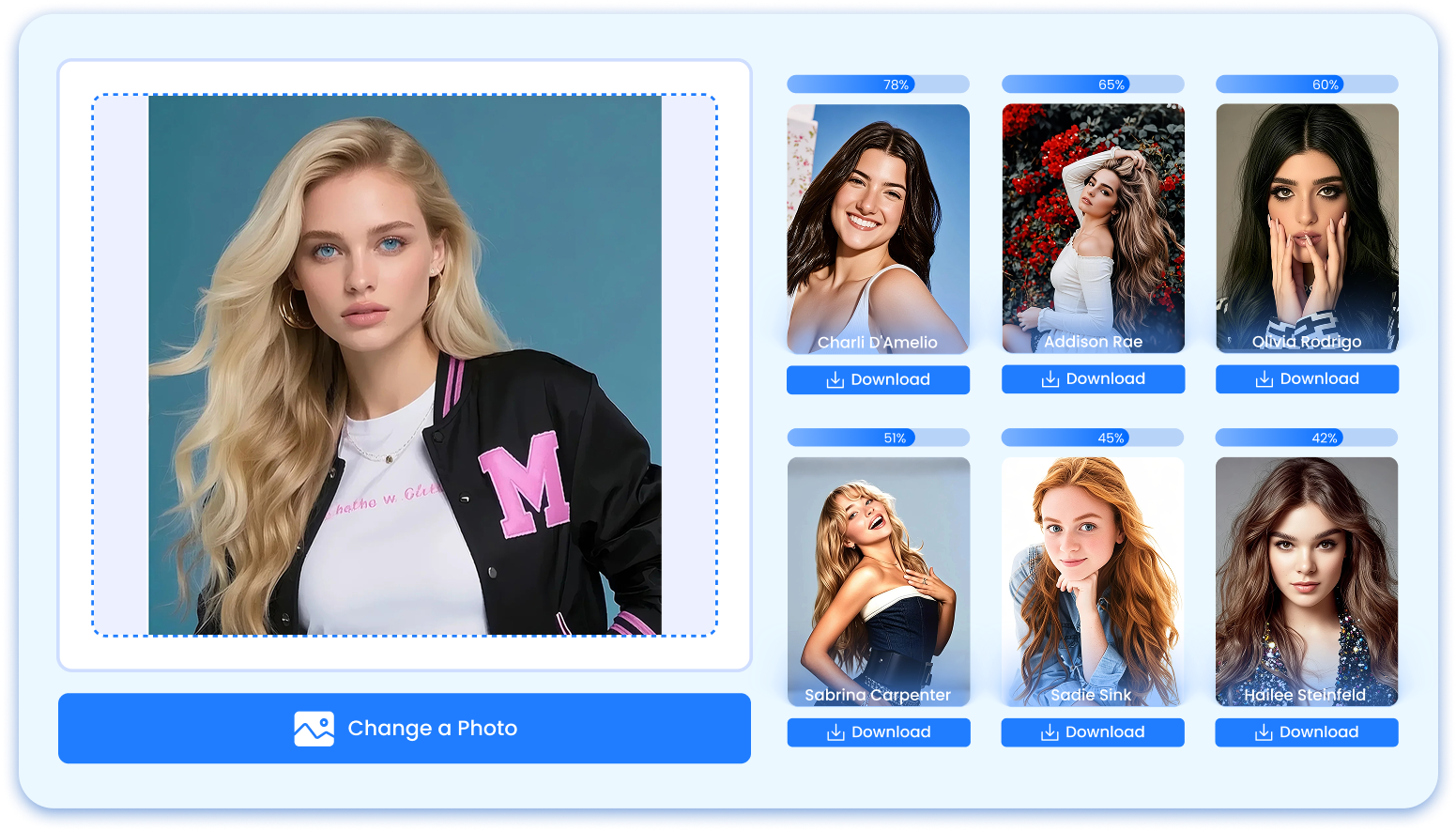 AI celebrity look-alike finder interface showing upload and analysis process